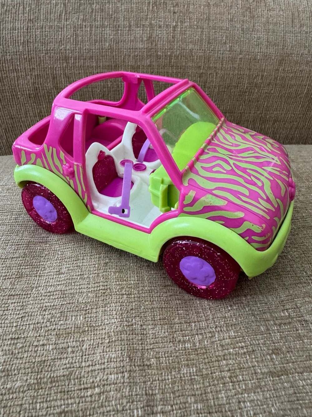2001 Polly Pocket Zebra Print Pink and Lime Green SUV Jeep Toy